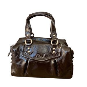 Coach Satchel Bag Y2K Ashley Crinkle Shiny Patent Leather Brown Silver Zips EUC